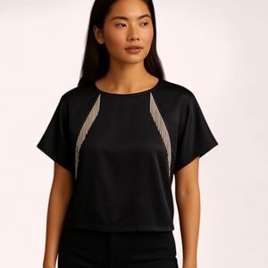 Adrienne Landau Onyx Black Metal Fringe Blouse NWT Size S